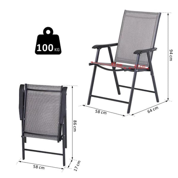 Rootz hopfällbar stol med armstöd - Set med 2 hopfällbara utomhusträdgårdsstolar - Stålstomme - Trädgård - Balkong - Strand - Grå - 58 x 64 x 94 cm