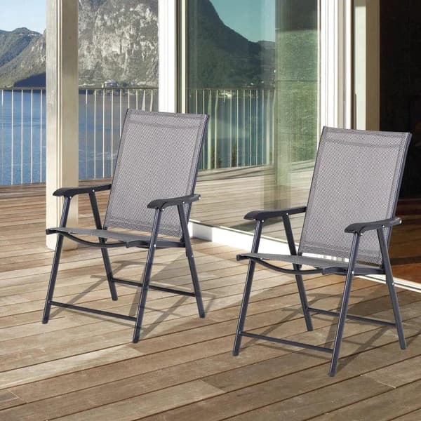 Rootz hopfällbar stol med armstöd - Set med 2 hopfällbara utomhusträdgårdsstolar - Stålstomme - Trädgård - Balkong - Strand - Grå - 58 x 64 x 94 cm