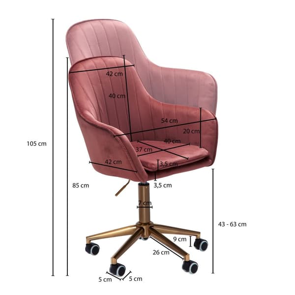 Rootz skrivbord sammetsrosa - Design snurrstol med ryggstöd - Arbetsstol 120 kg justerbar i höjdled - Skalstol med hjul - Vridstol