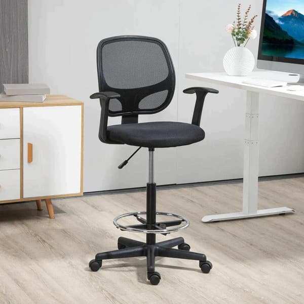 Rootz tegnestol med fodstøtte - 5 hjul - Højdejusterbar - Stål - Mesh stof - Sort - 60L x 56W x 132H cm