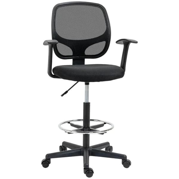 Rootz tegnestol med fodstøtte - 5 hjul - Højdejusterbar - Stål - Mesh stof - Sort - 60L x 56W x 132H cm