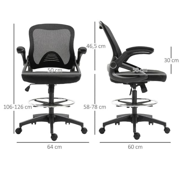 Rootz kontorlænestol - Skrivebordsstol - Ståfunktion med fodstøtte - Drejeligt sæde - Stål - Sort - 64 x 60 x 106-126 cm