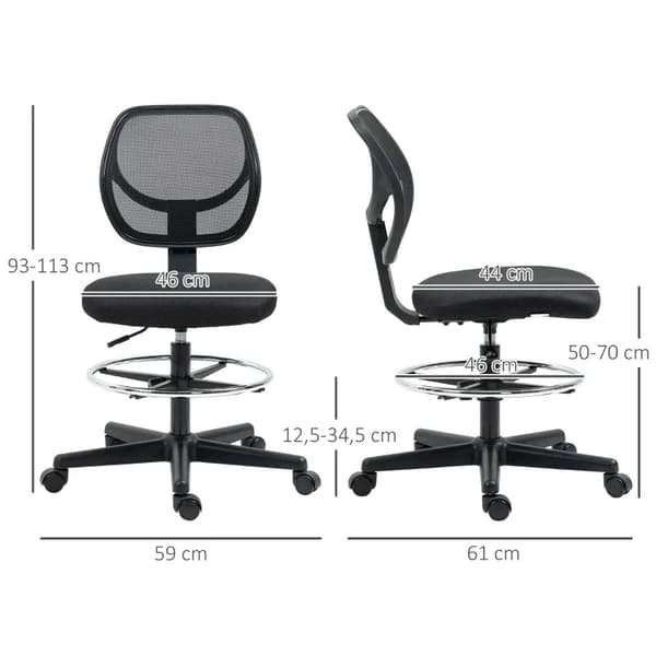 Rootz Tegnestol Med Fodstøtte - Højdejusterbar - Kontorstol - Sort - 59 cm x 61 cm x 113 cm