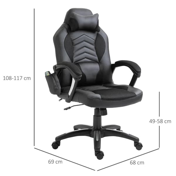 Rootz Massagestol - Kontorsstol - Gamingstol - Ergonomisk spelstol - Med värmefunktion - Svart - 68 x 69 x 108-117cm