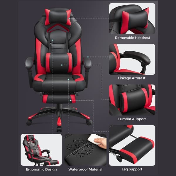 Rootz Gaming Chair - Ergonomisk kontorstol med fodstøtte - Højrygget Gaming Chair - Justerbar Gaming Chair - PC Gaming Chair - Kunstlæder - Sort-Rød -