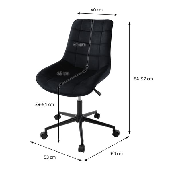 Kontorstol på hjul sort med fløjlsbetræk og metalstel ML-design