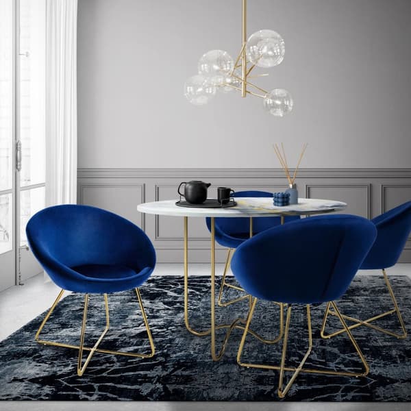 Ruokailutuoli, jossa pyöreä selkänoja sinistä samettia ja kultaiset metallijalat ML design