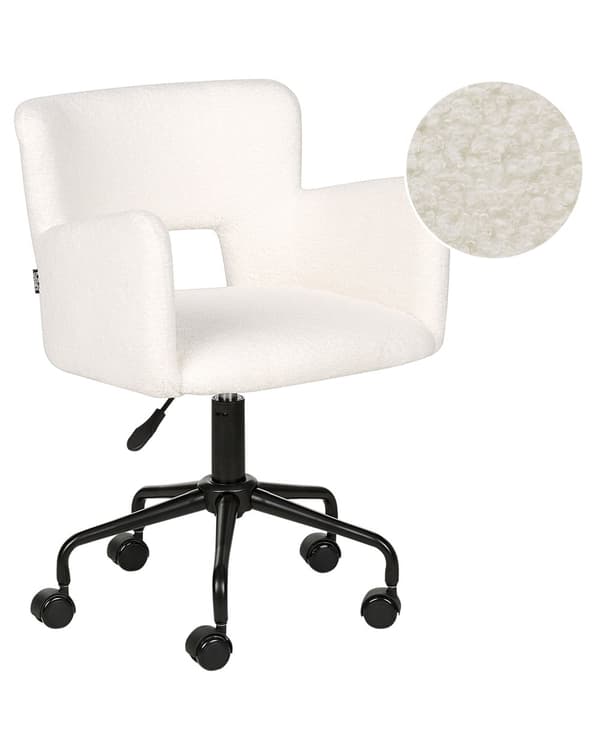 Kontorstol Hvit Boucle med armlener Utskåret ryggstøtte Justerbar høyde Tufted rygg Svart metallstjernefot