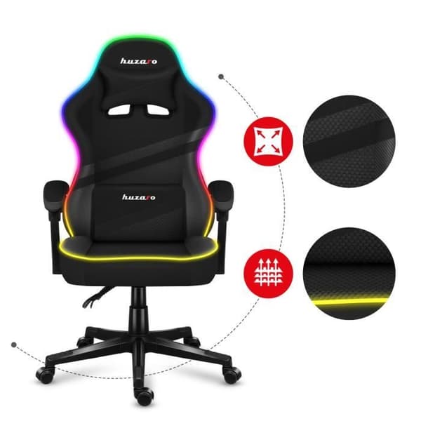 HUZARO FORCE 4.4 LED RGB Svart spelstol, Justerbar höjd, Svankstöd, Nackstöd, Kontorsstol, Ergonomisk, PC-spel