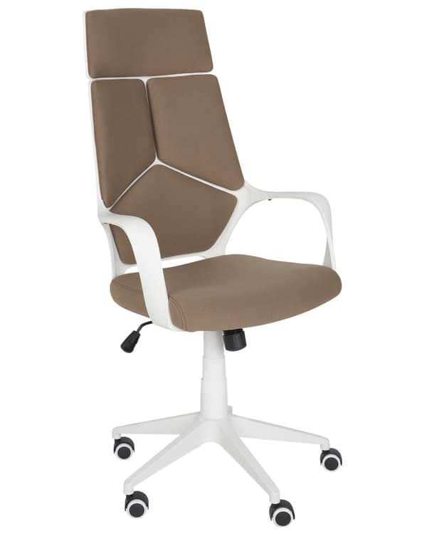 Työtuoli ruskea valkoinen kangasverhoilu korkeussäädettävä pyörillä ergonominen moderni