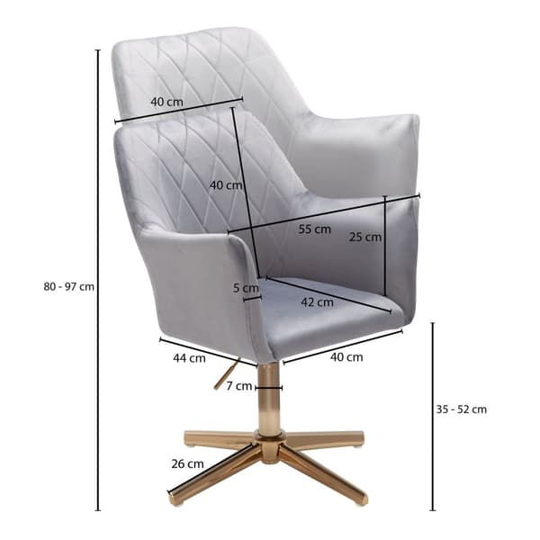 Rootz pyörivä tuoli - pöytätuoli - samettiverhoilu - pehmustetut käsinojat - 360° kierto - kultainen pohjakehys - 80-97cm x 55cm x 55cm