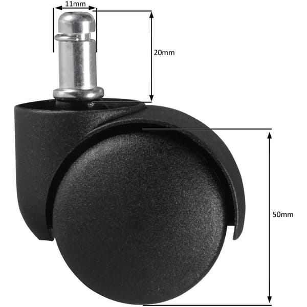 Rootz 5-delade set mattrullar för kontorsstol - Högkvalitativ plast - Svart - 11 mm stiftdiameter - 20 mm stiftlängd - 50 mm rulldiameter - Lämplig fö