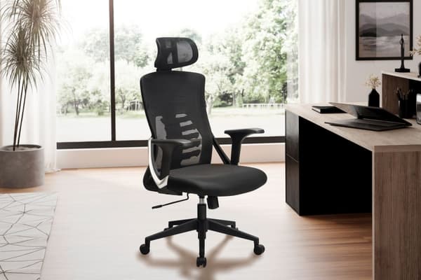 Rootz Modern Drejestol - Kontorstol - Ergonomisk stol - Meshbetræk - 113cm x 65cm x 65cm - Sort - Sølvdekorationer - Gyngemekanisme - Justerbar sædehø