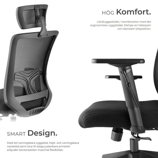 Kontorsstol Phoibe, ergonomisk med justerbart nackstöd - svart