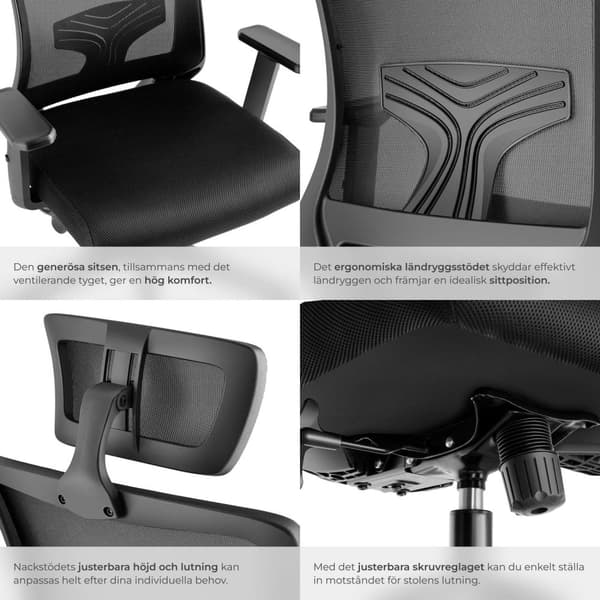 Kontorsstol Phoibe, ergonomisk med justerbart nackstöd - svart