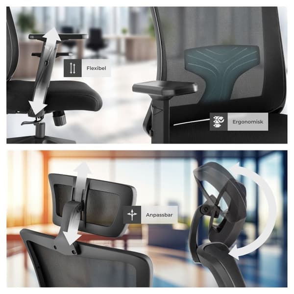 Kontorsstol Phoibe, ergonomisk med justerbart nackstöd - svart