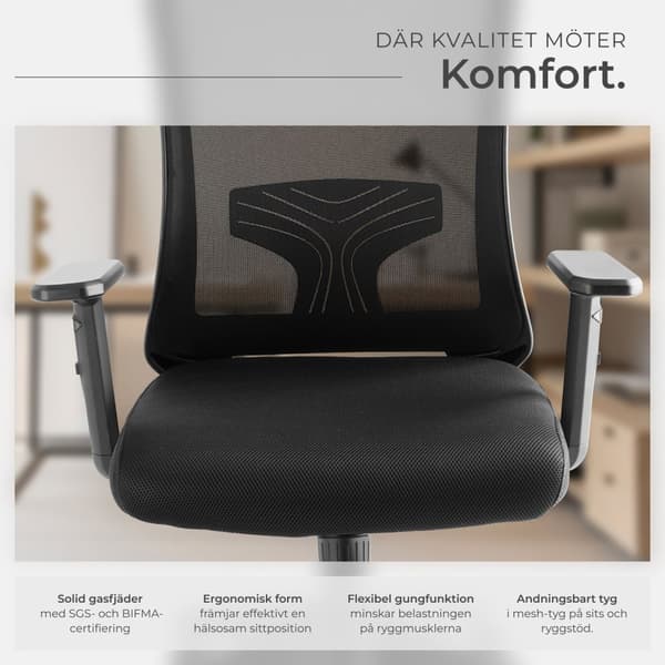 Kontorsstol Phoibe, ergonomisk med justerbart nackstöd - svart
