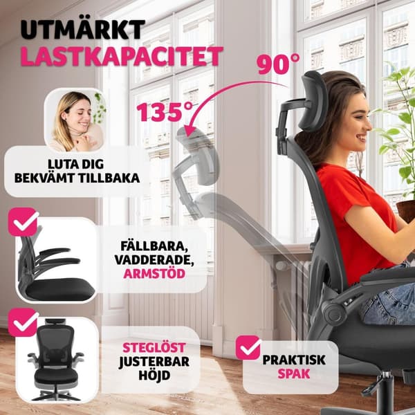 Skrivbordsstol Arges, ergonomisk med justerbart nackstöd - svart