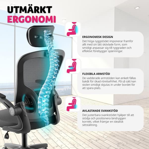 Skrivbordsstol Arges, ergonomisk med justerbart nackstöd - svart