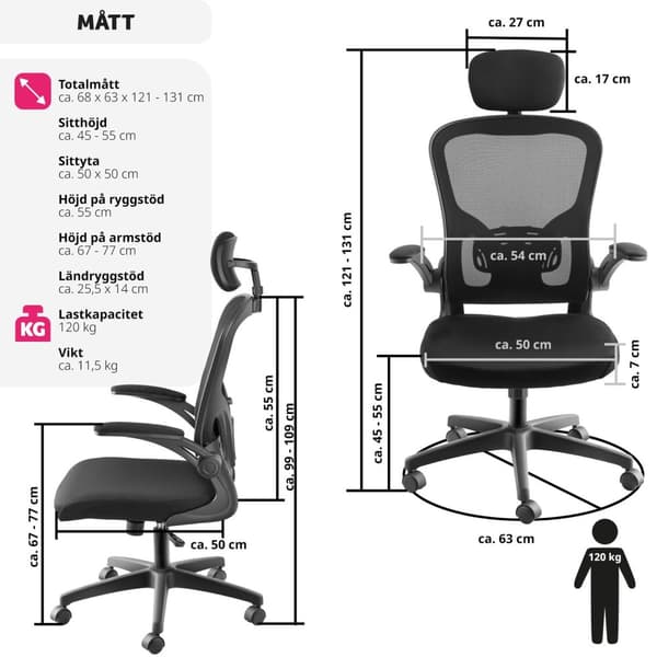 Skrivbordsstol Arges, ergonomisk med justerbart nackstöd - svart