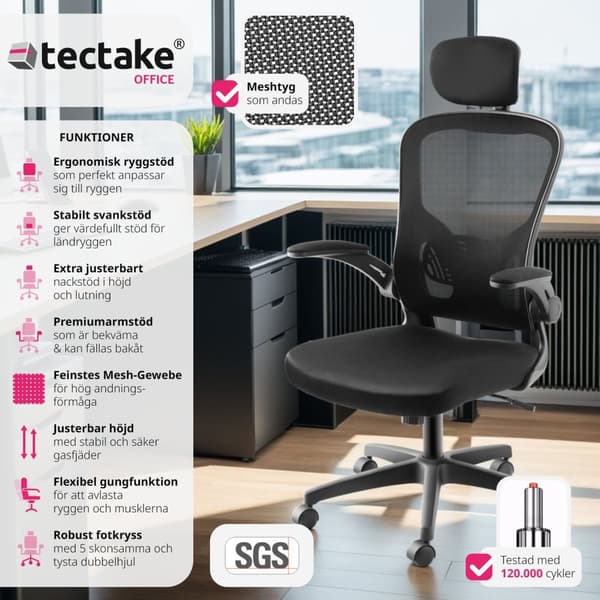 Skrivbordsstol Arges, ergonomisk med justerbart nackstöd - svart