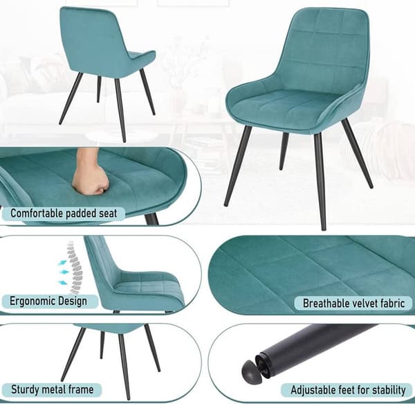 Rootz 4 ruokapöydän tuolin setti - Velvet Accent -tuolit - turkoosit pehmustetut tuolit - Ergonominen muotoilu, kestävä rakenne, lattian suojaus - 81,