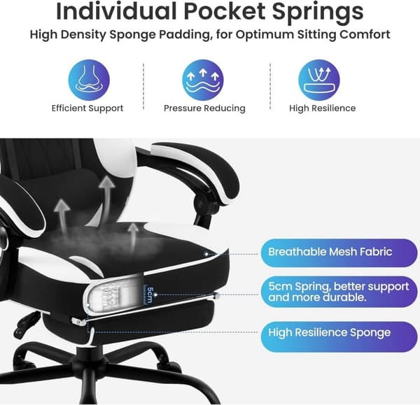 Rootz Gaming Chair - Kontorstol - Computerstol - Pocket Spring Pude - Ergonomisk design - Åndbart mesh stof - 57cm x 51,5cm