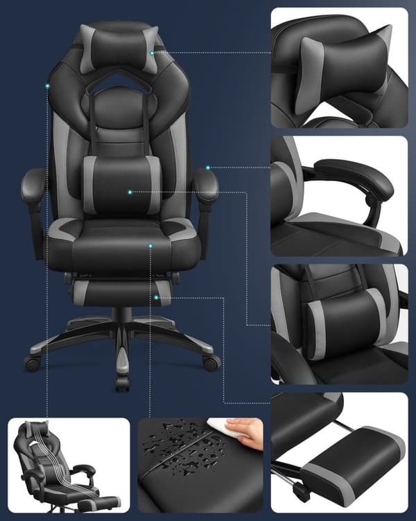 Rootz Gaming Chair - Racing Chair - Kontorstol - Lændestøtte - Justerbart ryglæn - Kunstlæder - 70cm x 64cm x 128cm