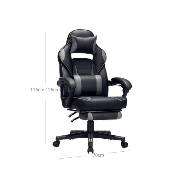 Rootz Gaming Chair - Racing Style Stol - Liggande kontorsstol - Svart-Grå - PU-plast - Högdensitetsskum - Stål - Nylon - 67cm x 66cm x 126cm - Bekväm
