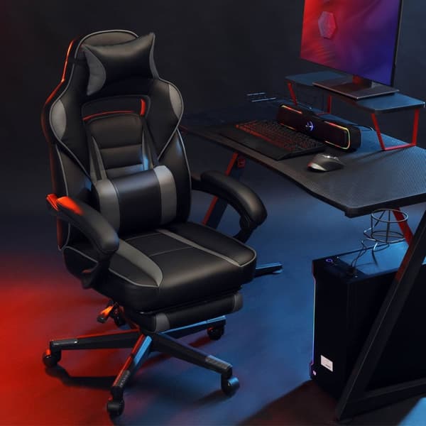 Rootz Gaming Chair - Racing Style Stol - Liggande kontorsstol - Svart-Grå - PU-plast - Högdensitetsskum - Stål - Nylon - 67cm x 66cm x 126cm - Bekväm