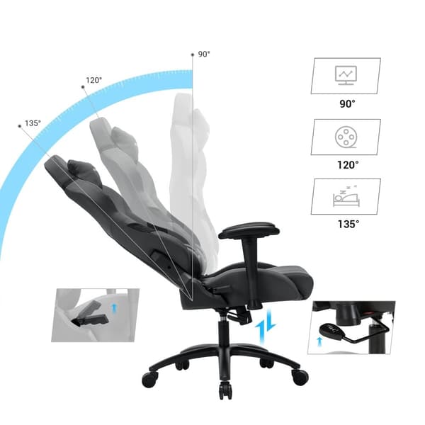 Rootz Gaming Stol - Grå-sort - Polyesterstof - Koldskumpolstring - Stålbund - PU-armlæn - Nylonkernehjul - 129-139 cm x 70 cm x 71 cm - Ergonomisk des