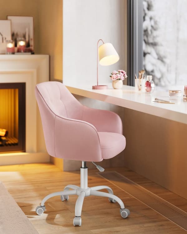 Rootz Pastel Pink Velvet Pelituoli - Työtuoli - Kääntyvä tuoli - Teräsrunko - Vaahtomuovipehmuste - PU-pyörät - 64cm x 64cm x (83-93)cm - Säädettävä i