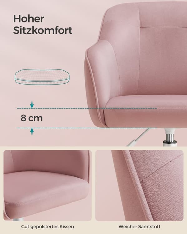 Rootz Pastel Pink Velvet Pelituoli - Työtuoli - Kääntyvä tuoli - Teräsrunko - Vaahtomuovipehmuste - PU-pyörät - 64cm x 64cm x (83-93)cm - Säädettävä i