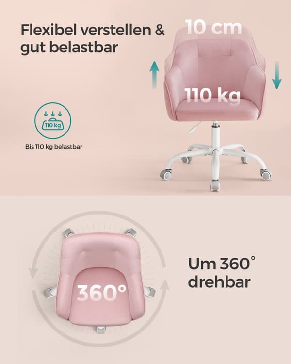 Rootz Pastel Pink Velvet Pelituoli - Työtuoli - Kääntyvä tuoli - Teräsrunko - Vaahtomuovipehmuste - PU-pyörät - 64cm x 64cm x (83-93)cm - Säädettävä i