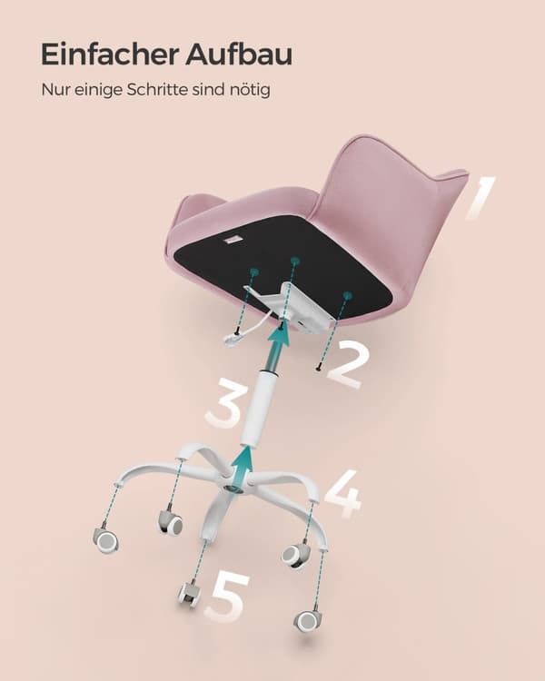 Rootz Pastel Pink Velvet Pelituoli - Työtuoli - Kääntyvä tuoli - Teräsrunko - Vaahtomuovipehmuste - PU-pyörät - 64cm x 64cm x (83-93)cm - Säädettävä i