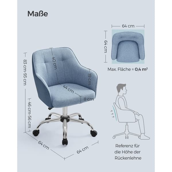 Rootz drejestol - Blå - Stålstel - Skumpolstring - Bomuldslinnedblanding - PU-hjul - Ergonomisk design - Justerbar højde - Letvægts - 69 cm x 65 cm x