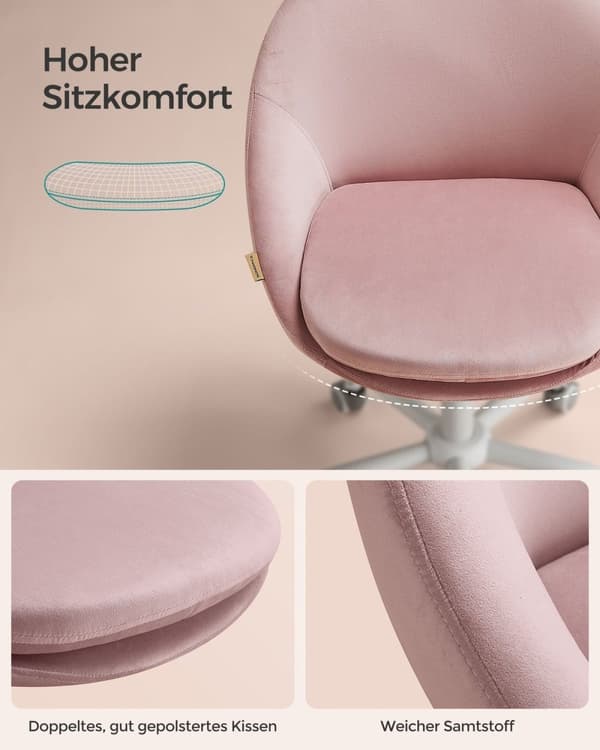 Rootz drejestol - Pastel Pink Velvet Chair - Rullestol - Stålstel - 28 kg/m3 skumpolstring - Justerbar højde - 60cm x 60cm x (80-90)cm