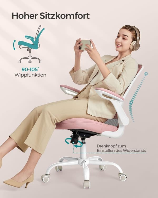 Rootz Pastel Pink Ergonomic Office Stol - Drejestol - Justerbar skrivebordsstol - Plast, Skum, Nylon, Stål - 64cm x 64cm x (99-107)cm - 46-54cm Sædehø