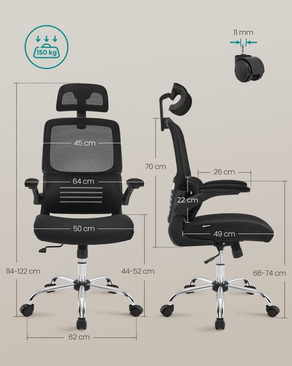 Rootz Ergonominen toimistotuoli - Pöytätuoli - Kääntötuoli - Teräsrunko - Vaahtomuovipehmuste - Muste musta - 62cm x 64cm x (114-122)cm - Säädettävä i