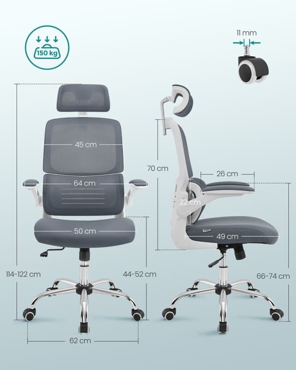 Rootz Dove Grey Kontorsstol - Ergonomisk stol - Vadderad sits - Justerbar höjd - Stålram - 62cm x 64cm x (114-122)cm