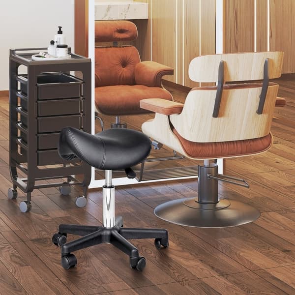 Rootz rullestol - Sadelformet sæde - Højdejusterbar - Ergonomisk design - 360° drejelig - Imiteret læder - 35cm x 38cm x 43-55cm - Sort