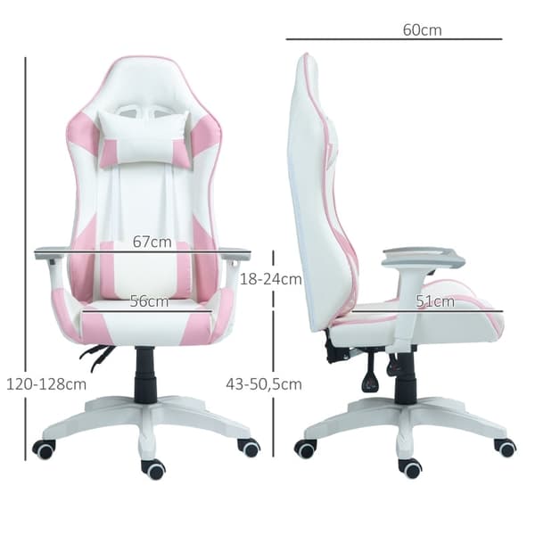 Rootz Gaming Chair Racing Design - Ergonominen pelituoli - Korkeussäädettävä tuoli - Keinonahka - 67W x 60D x 120-128K cm - Pinkki/Valkoinen