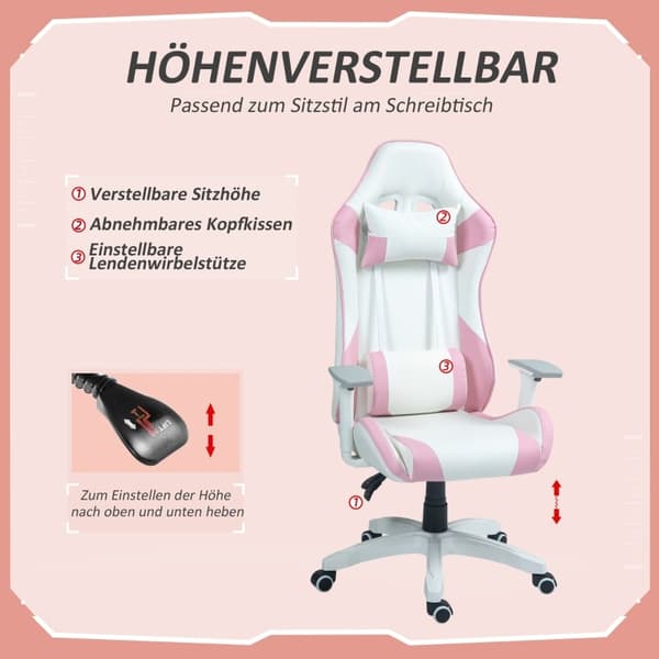 Rootz Gaming Chair Racing Design - Ergonominen pelituoli - Korkeussäädettävä tuoli - Keinonahka - 67W x 60D x 120-128K cm - Pinkki/Valkoinen