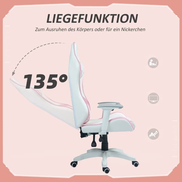 Rootz Gaming Chair Racing Design - Ergonominen pelituoli - Korkeussäädettävä tuoli - Keinonahka - 67W x 60D x 120-128K cm - Pinkki/Valkoinen