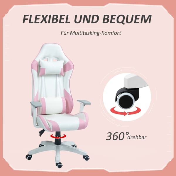 Rootz Gaming Chair Racing Design - Ergonominen pelituoli - Korkeussäädettävä tuoli - Keinonahka - 67W x 60D x 120-128K cm - Pinkki/Valkoinen