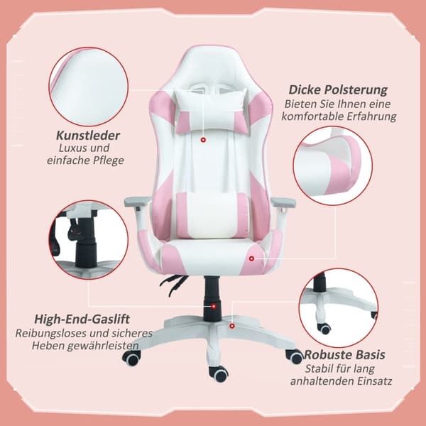 Rootz Gaming Chair Racing Design - Ergonominen pelituoli - Korkeussäädettävä tuoli - Keinonahka - 67W x 60D x 120-128K cm - Pinkki/Valkoinen