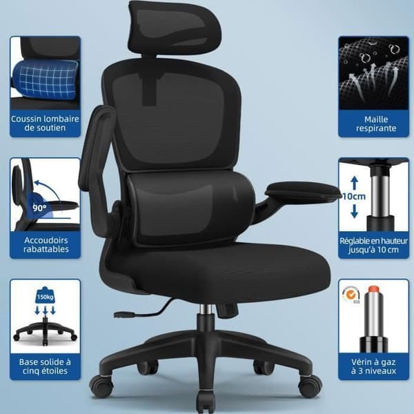 Kontorsstol, justerbara armstöd, lutande kontorsstol, justerbart nackstöd, ryggstöd med ergonomiskt svankstöd