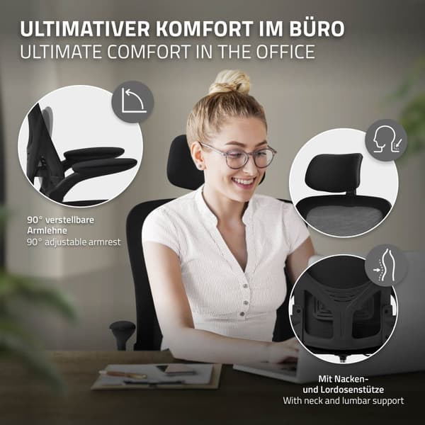 Ergonomisk kontorstol i sort mesh-stof med justerbar nakkestøtte og hjul ML-design