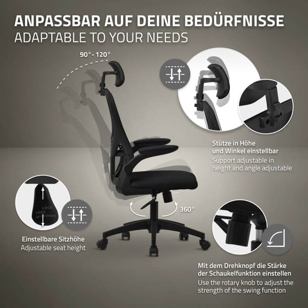 Ergonomisk kontorstol i sort mesh-stof med justerbar nakkestøtte og hjul ML-design