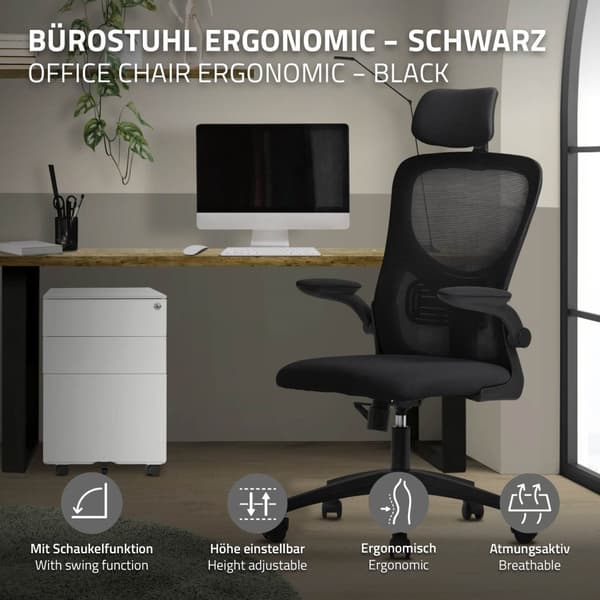Ergonomisk kontorstol i sort mesh-stof med justerbar nakkestøtte og hjul ML-design